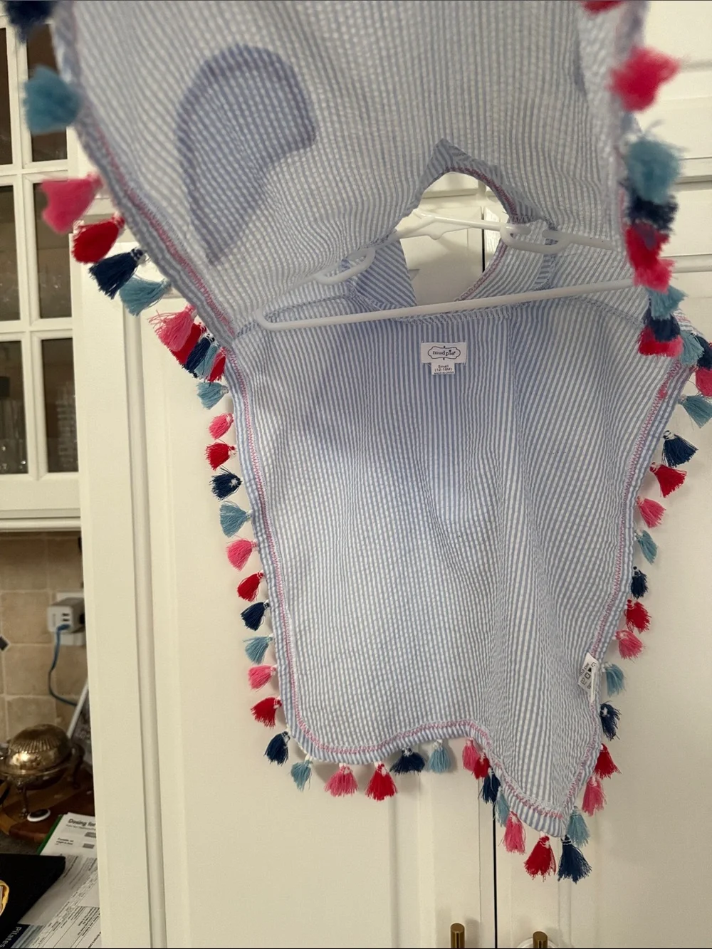 Mud Pie Light Blue Seersucker Hooded Poncho with Multicolor Tassels